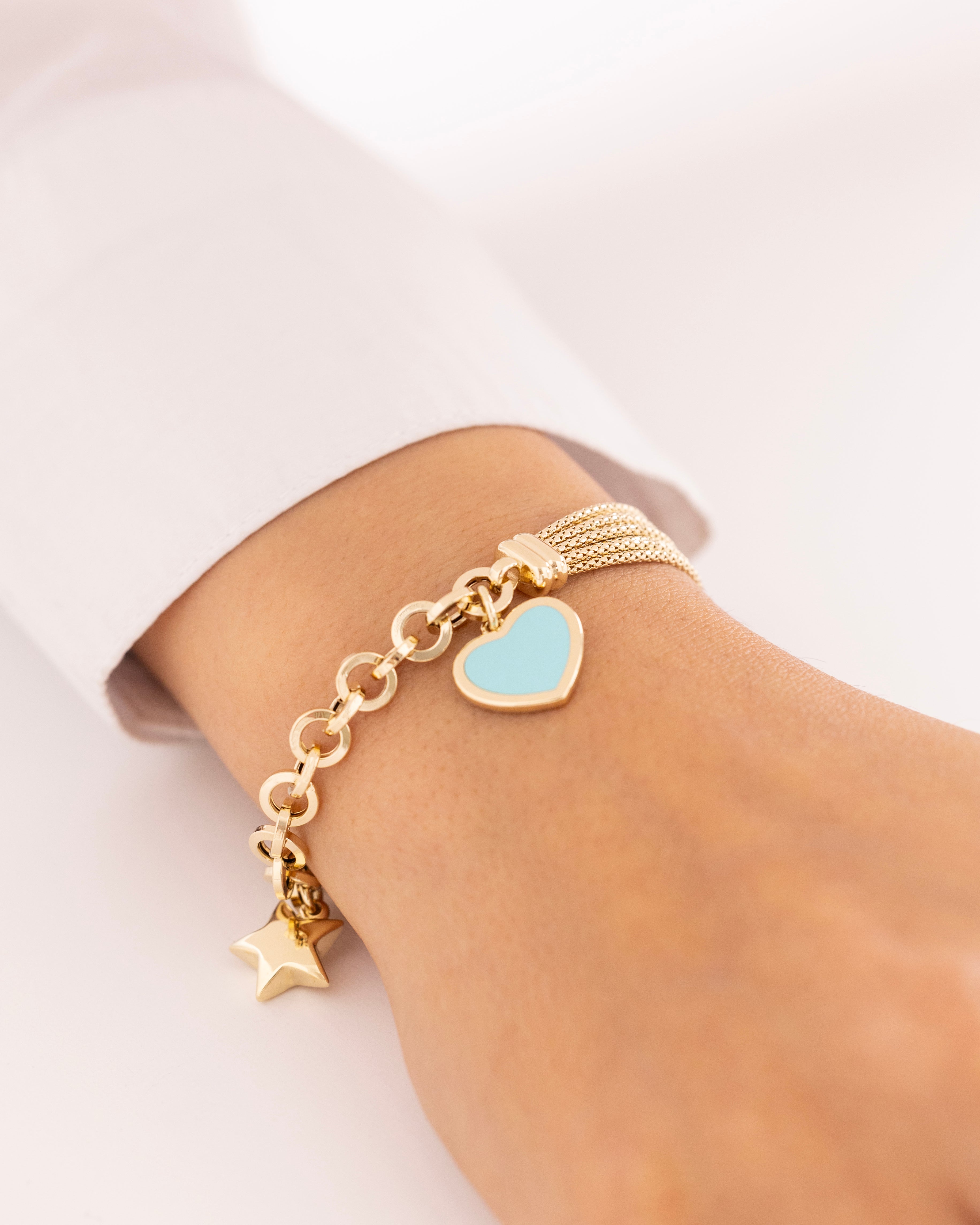 Cetaş Eterna Mavi Kalpli ve Yıldız Uçlu Altın Zincir Bileklik