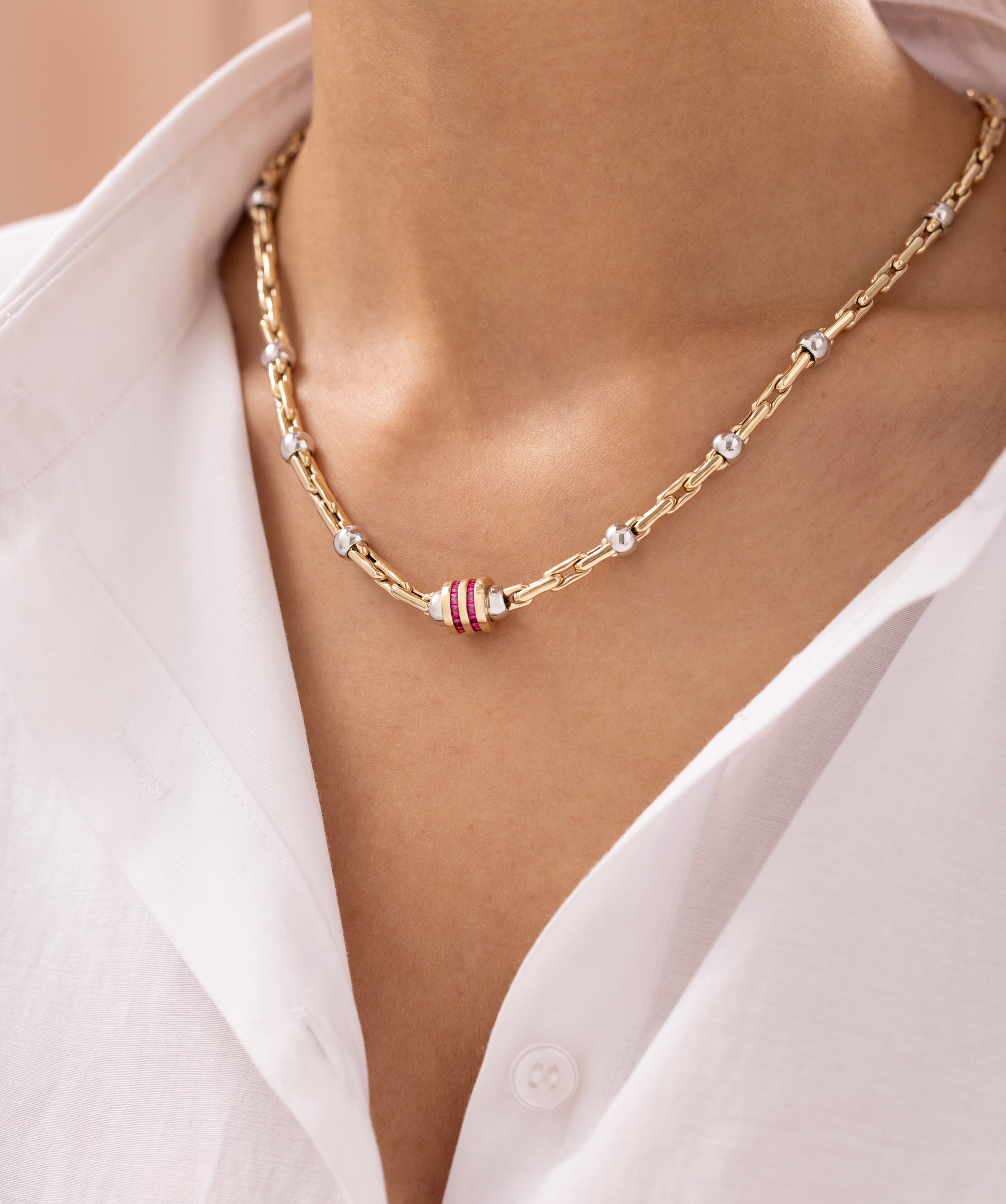 Cetaş Eterna Kırmızı Taşlı Çift Renkli 14 Ayar Altın Zincir Kolye