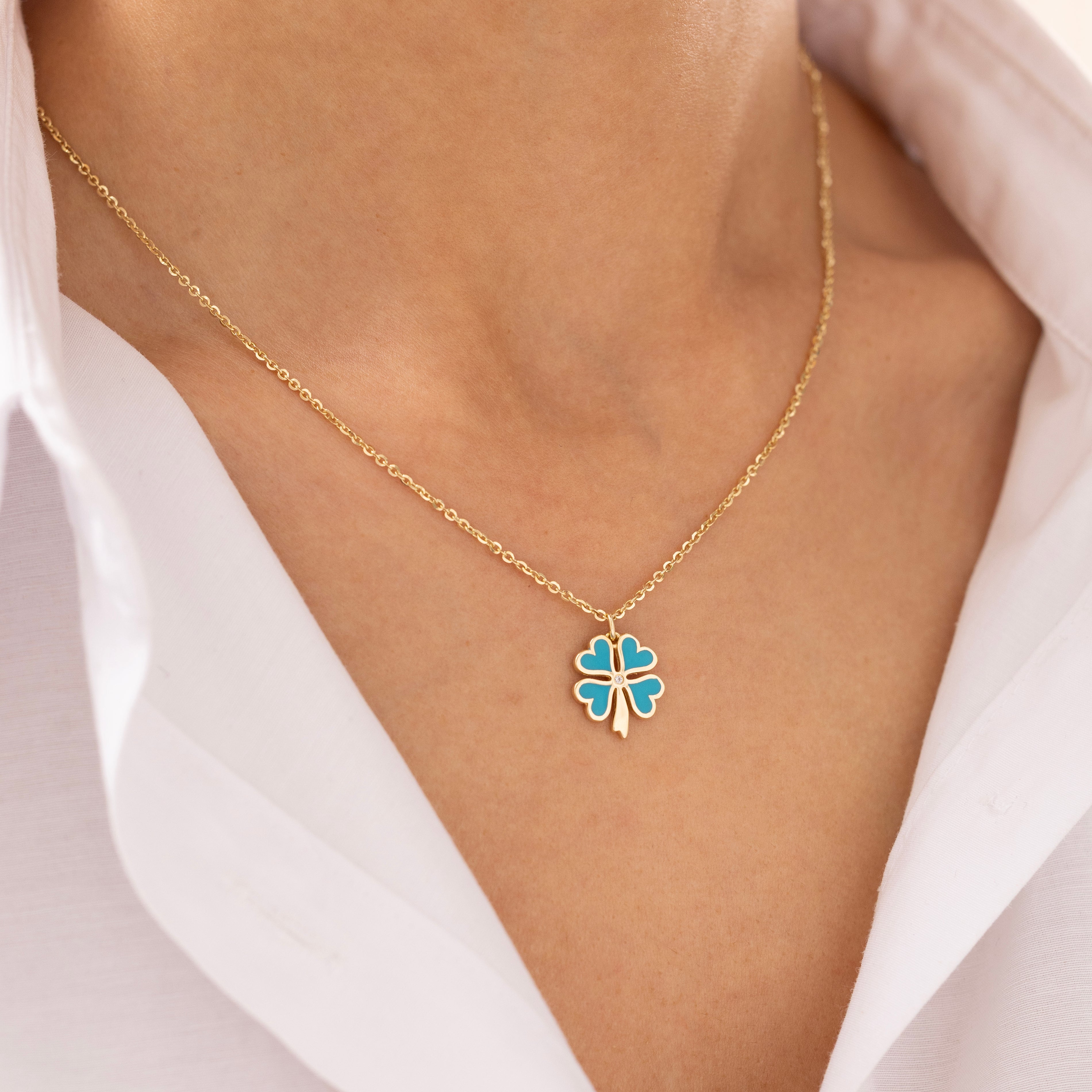 Cetaş Eterna Turkuaz Yonca Yuvarlak Zincirli 14 Ayar Altın Kolye