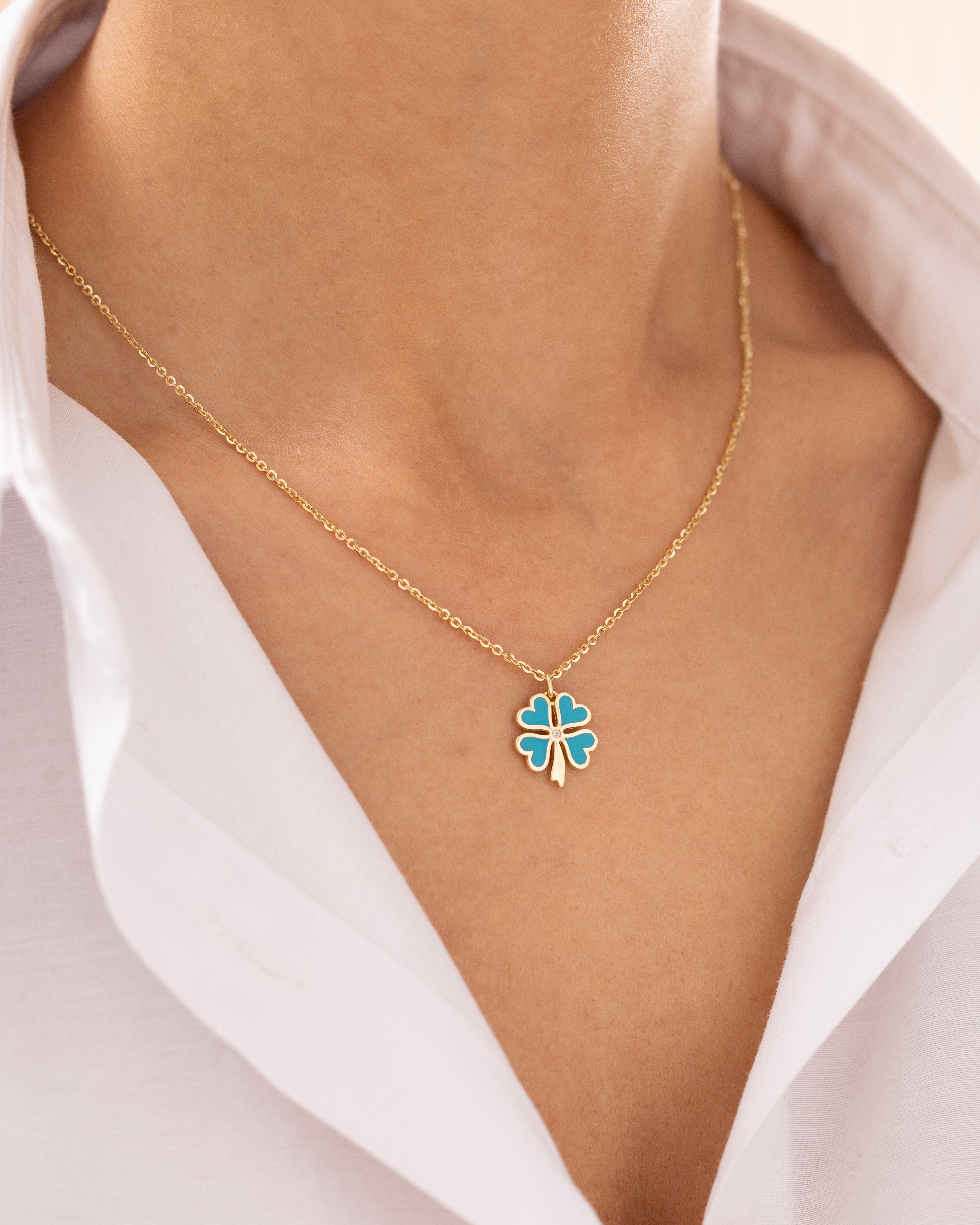 Cetaş Eterna Turkuaz Yonca Yuvarlak Zincirli 14 Ayar Altın Kolye