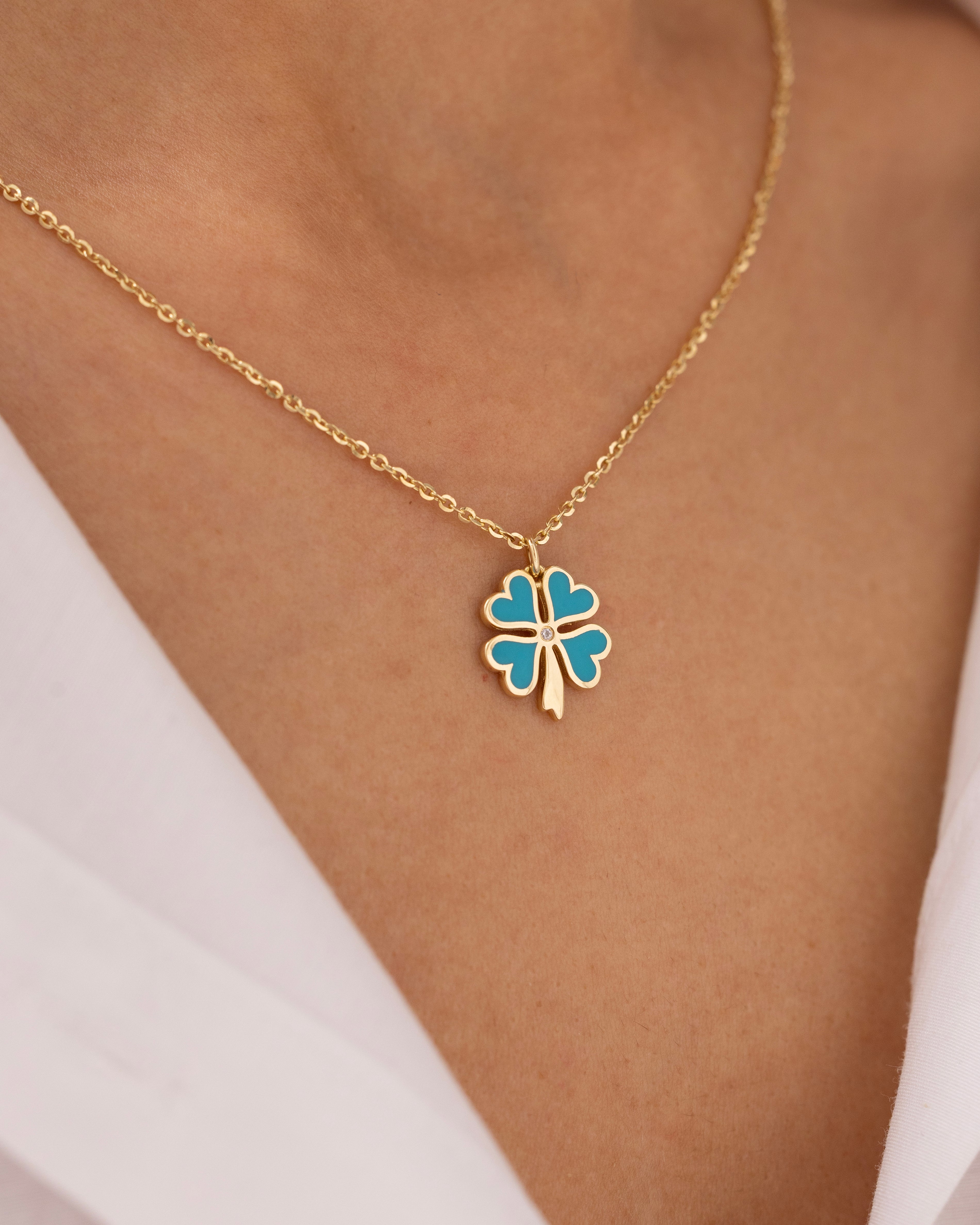 Cetaş Eterna Turkuaz Yonca Yuvarlak Zincirli 14 Ayar Altın Kolye