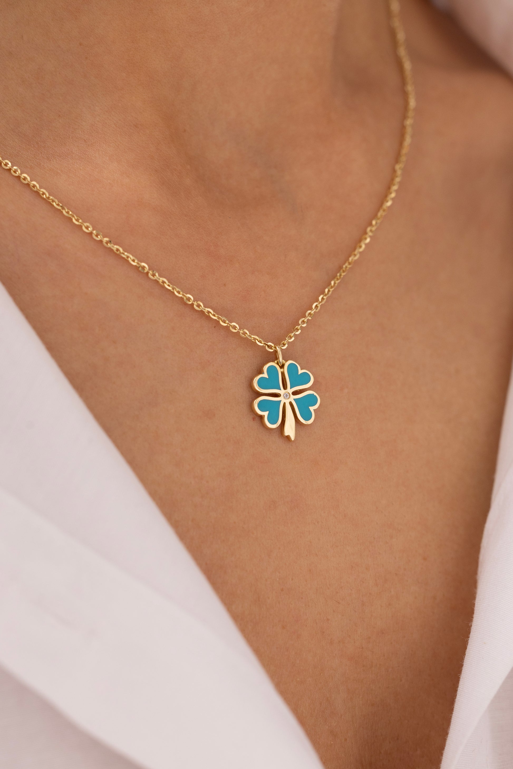 Cetaş Eterna Turkuaz Yonca Yuvarlak Zincirli 14 Ayar Altın Kolye