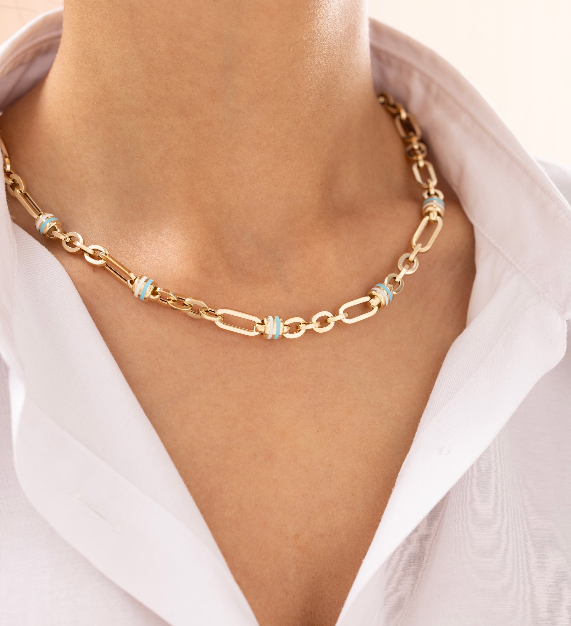 Cetaş Mavi Beyaz Mine Halkalı 14 Ayar Altın Kolye