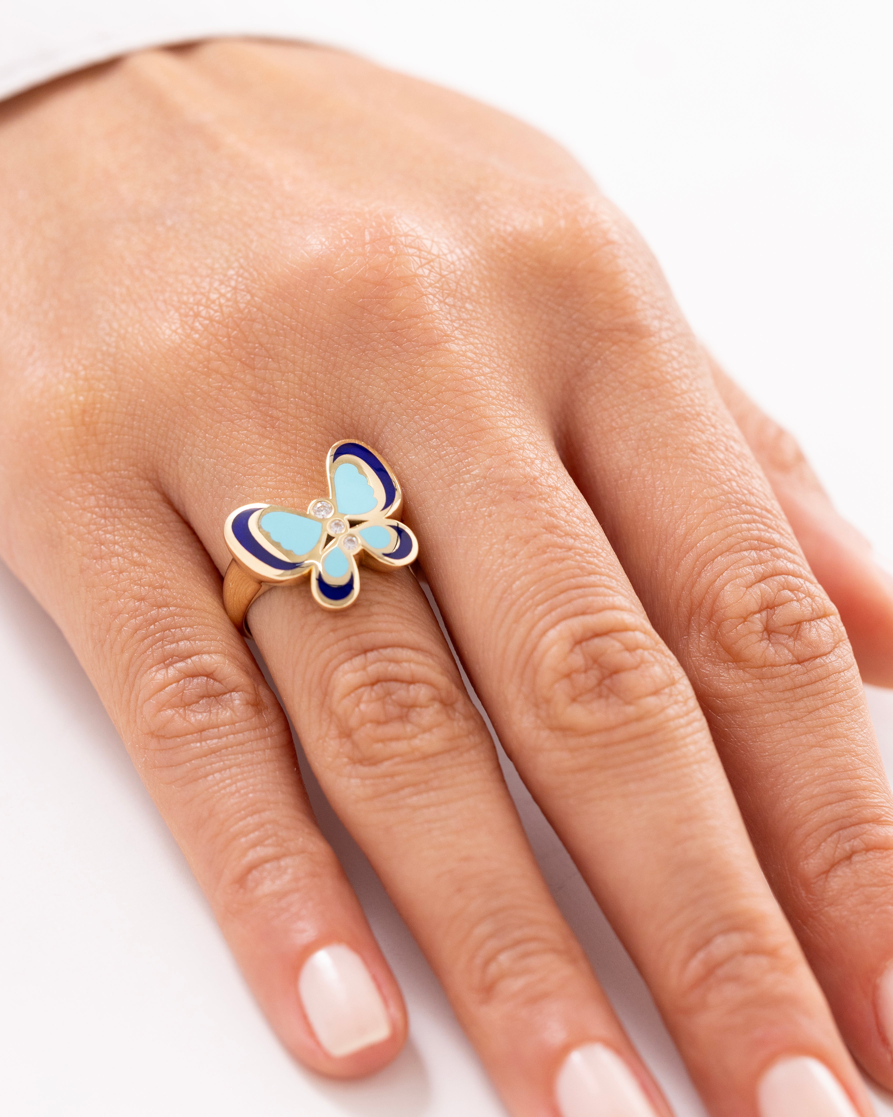 Cetaş Eterna Mine Detaylı Renkli Kelebek 14 Ayar Altın Yüzük