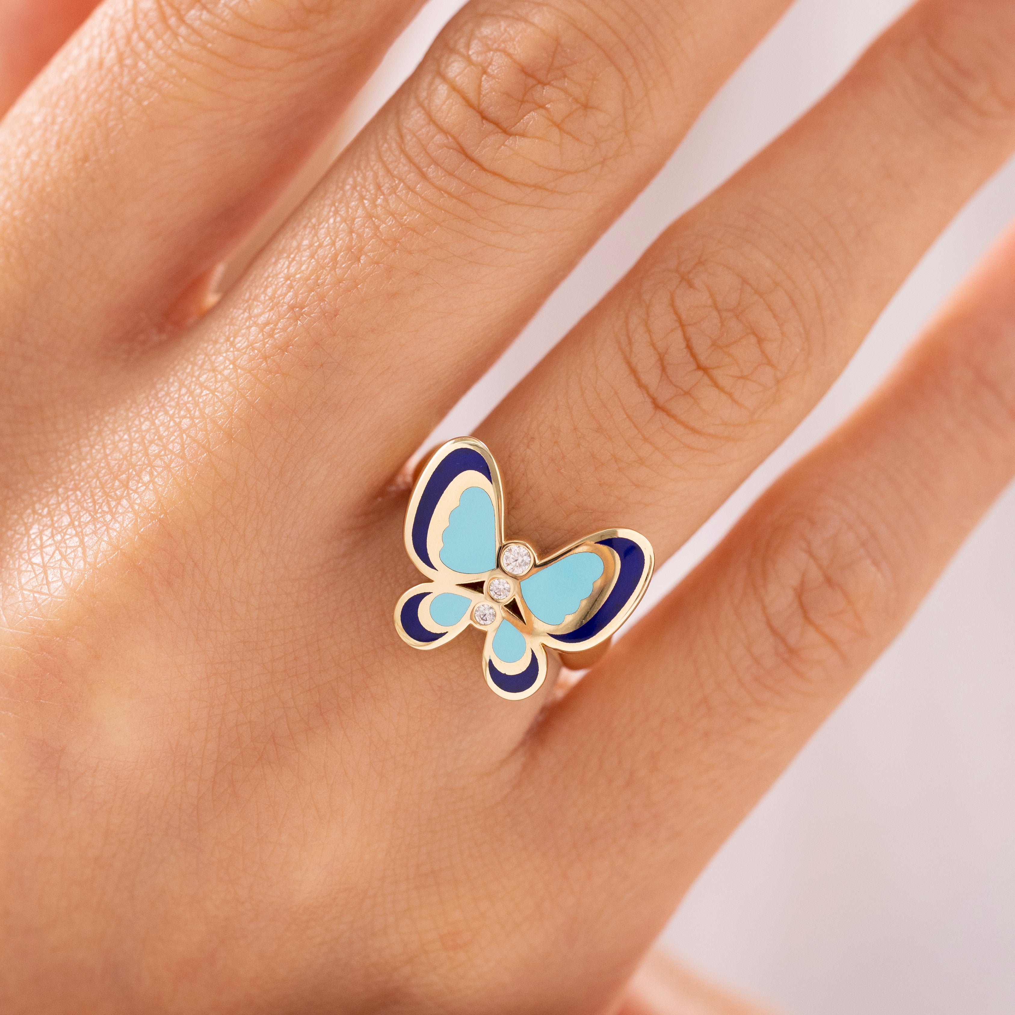 Cetaş Eterna Mine Detaylı Renkli Kelebek 14 Ayar Altın Yüzük