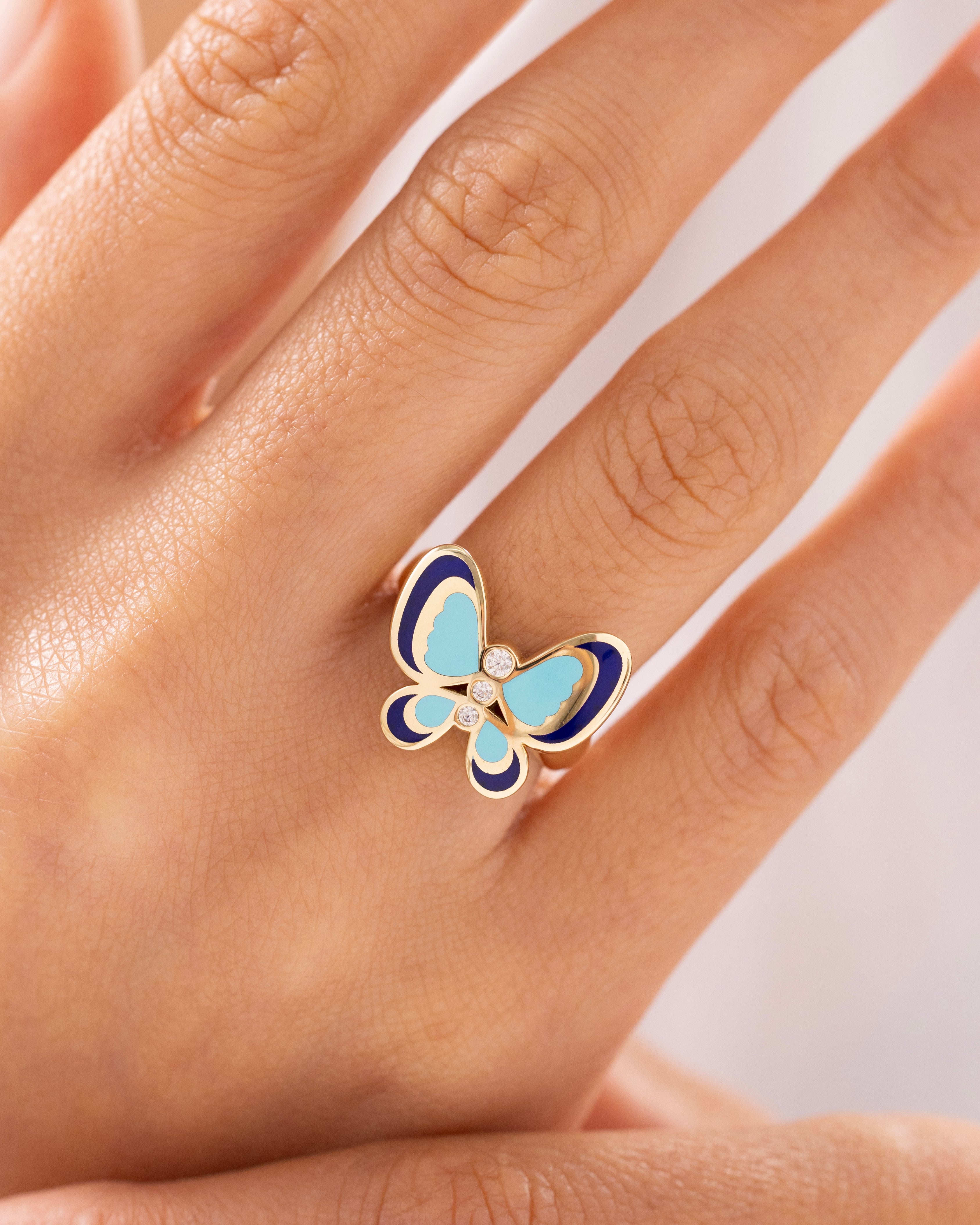 Cetaş Eterna Mine Detaylı Renkli Kelebek 14 Ayar Altın Yüzük