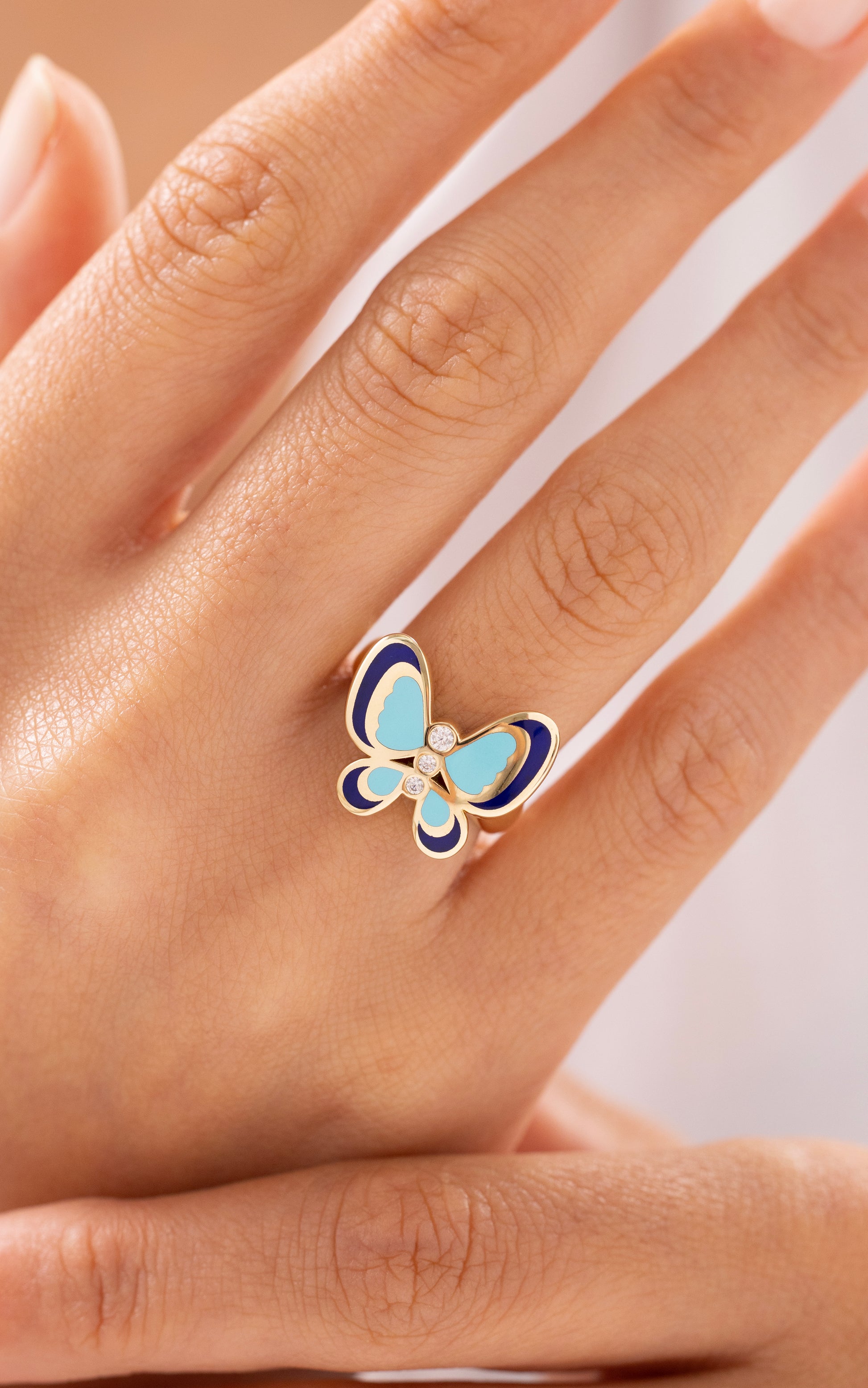 Cetaş Eterna Mine Detaylı Renkli Kelebek 14 Ayar Altın Yüzük