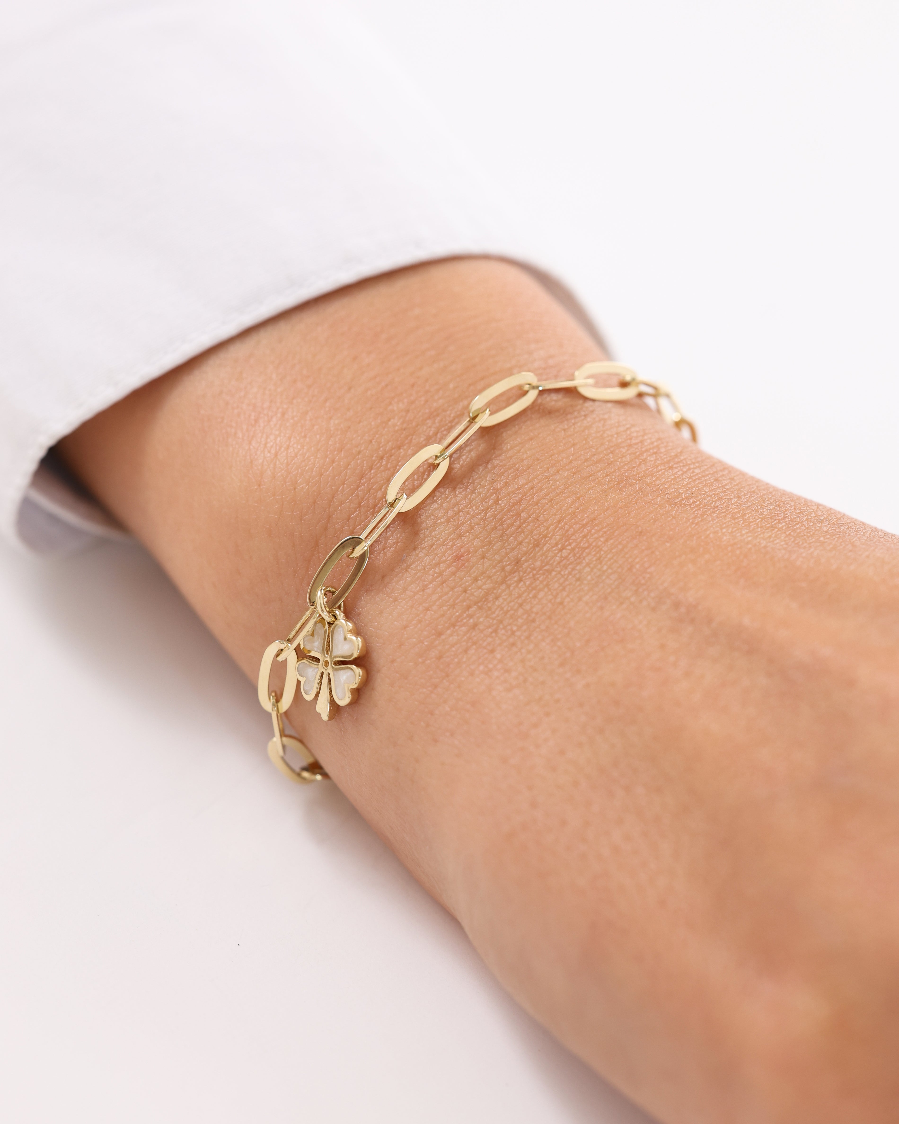 Cetaş Eterna Beyaz Mineli Yonca 14 Ayar Altın Bileklik