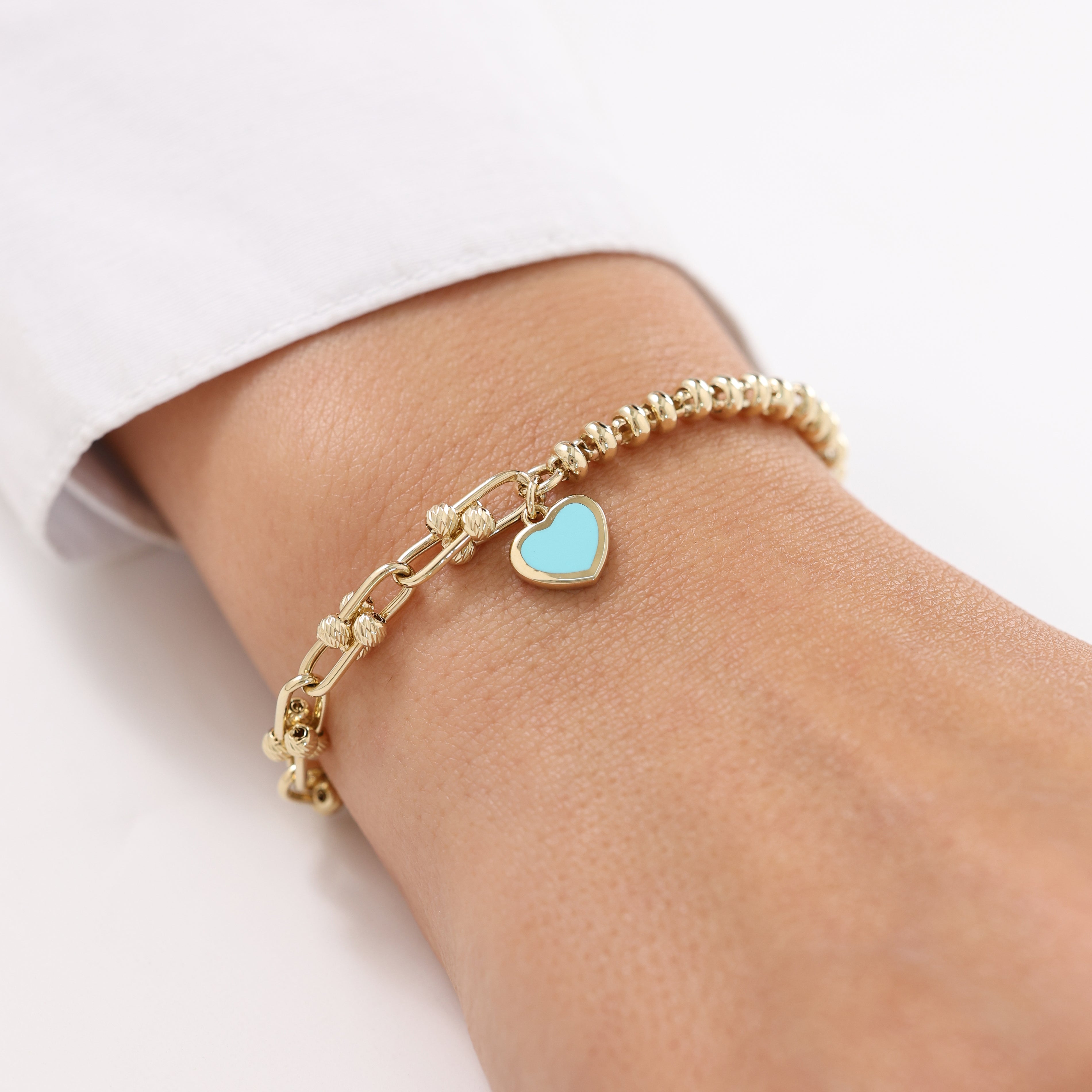 Cetaş Eterna Kalp Charmlı 14 Ayar Altın Turkuaz Mineli Bileklik