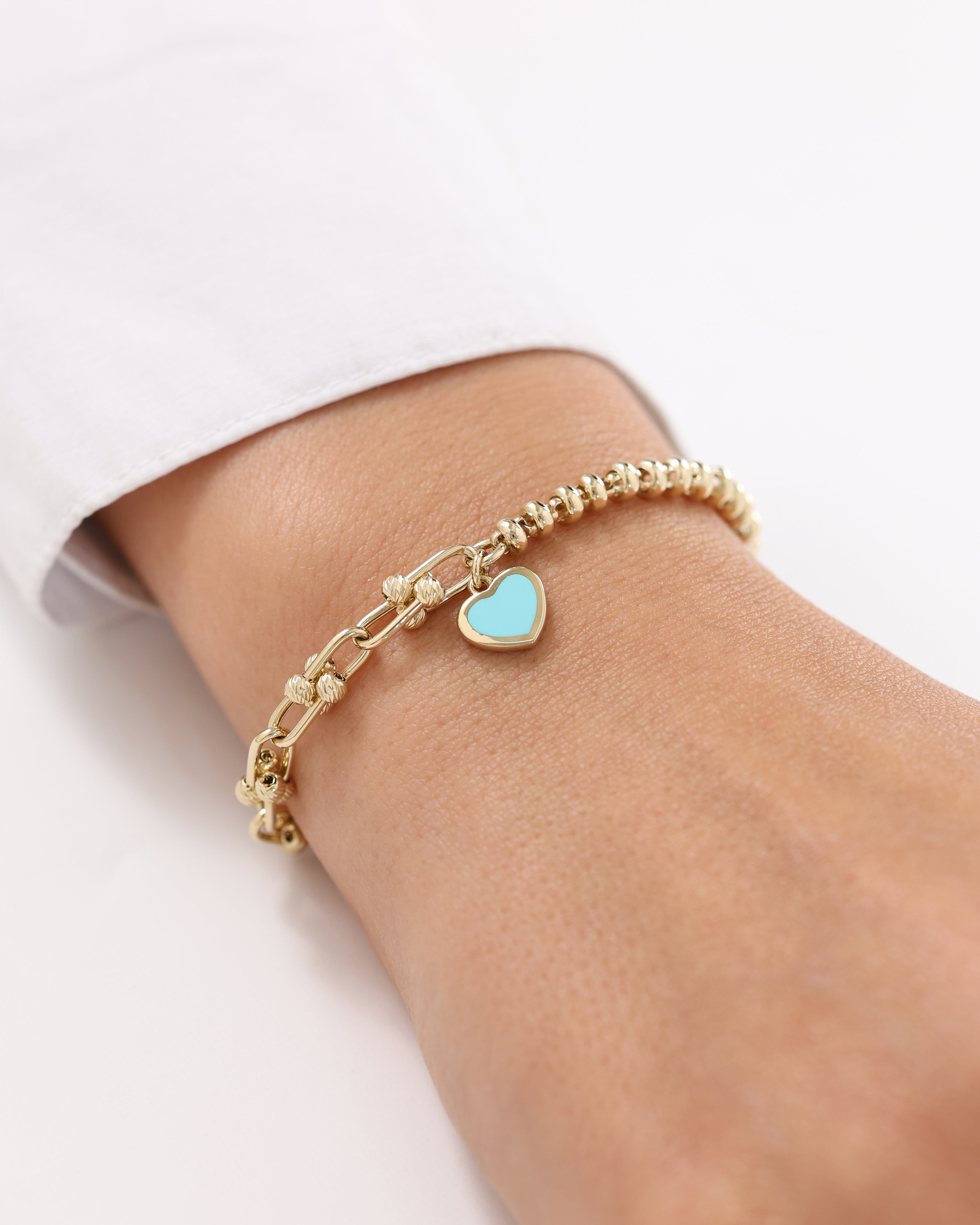 Cetaş Eterna Kalp Charmlı 14 Ayar Altın Turkuaz Mineli Bileklik