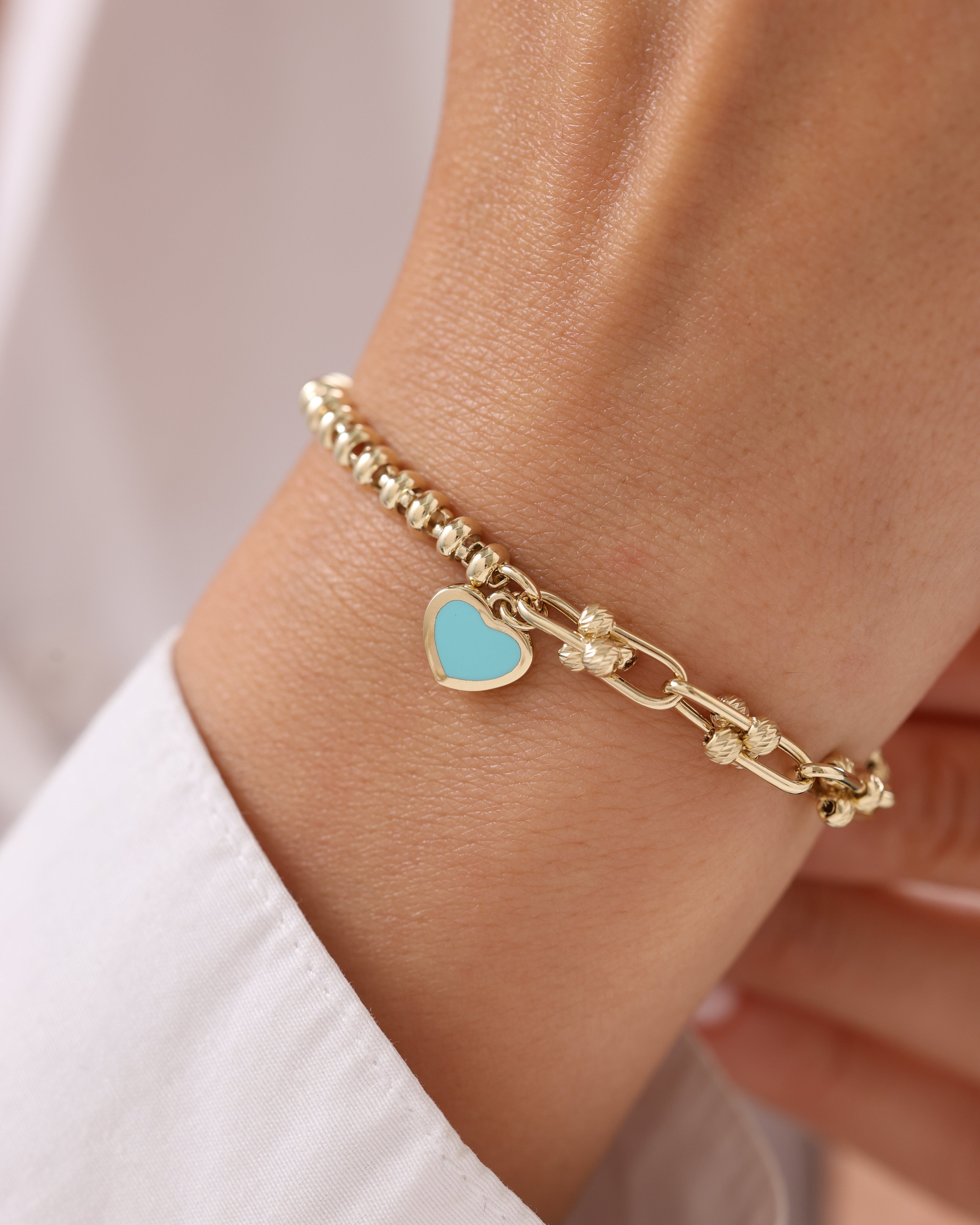 Cetaş Eterna Kalp Charmlı 14 Ayar Altın Turkuaz Mineli Bileklik