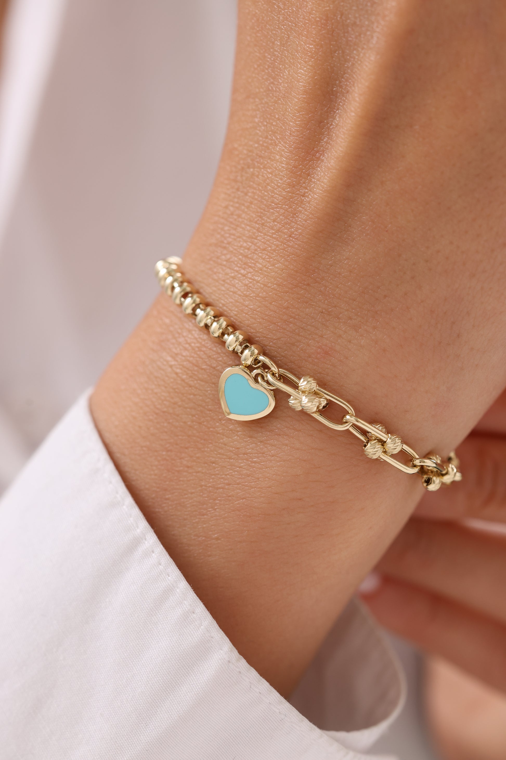 Cetaş Eterna Kalp Charmlı 14 Ayar Altın Turkuaz Mineli Bileklik