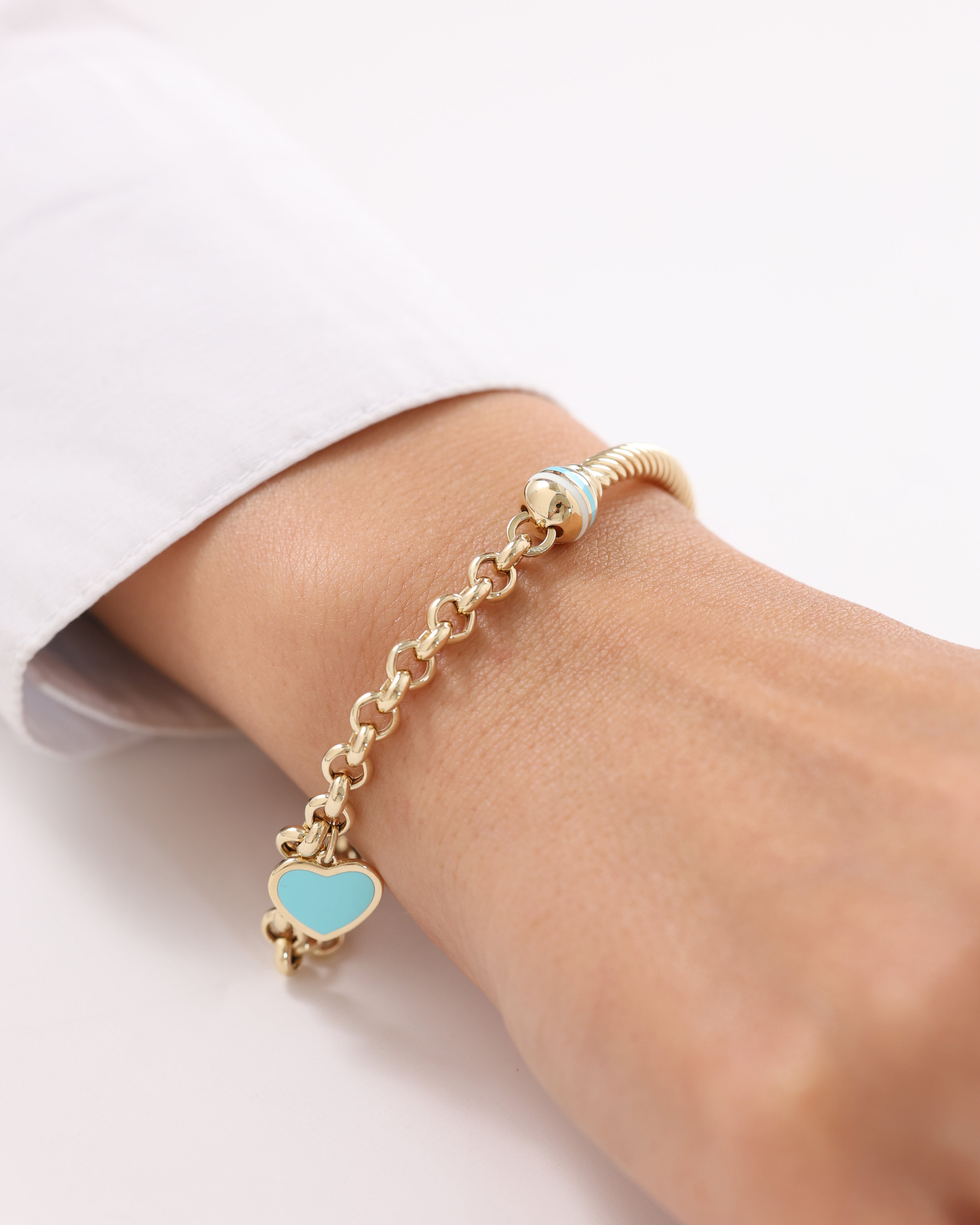 Cetaş Eterna Turkuaz Mineli Kalpli Zincir 14 Ayar Altın Bileklik