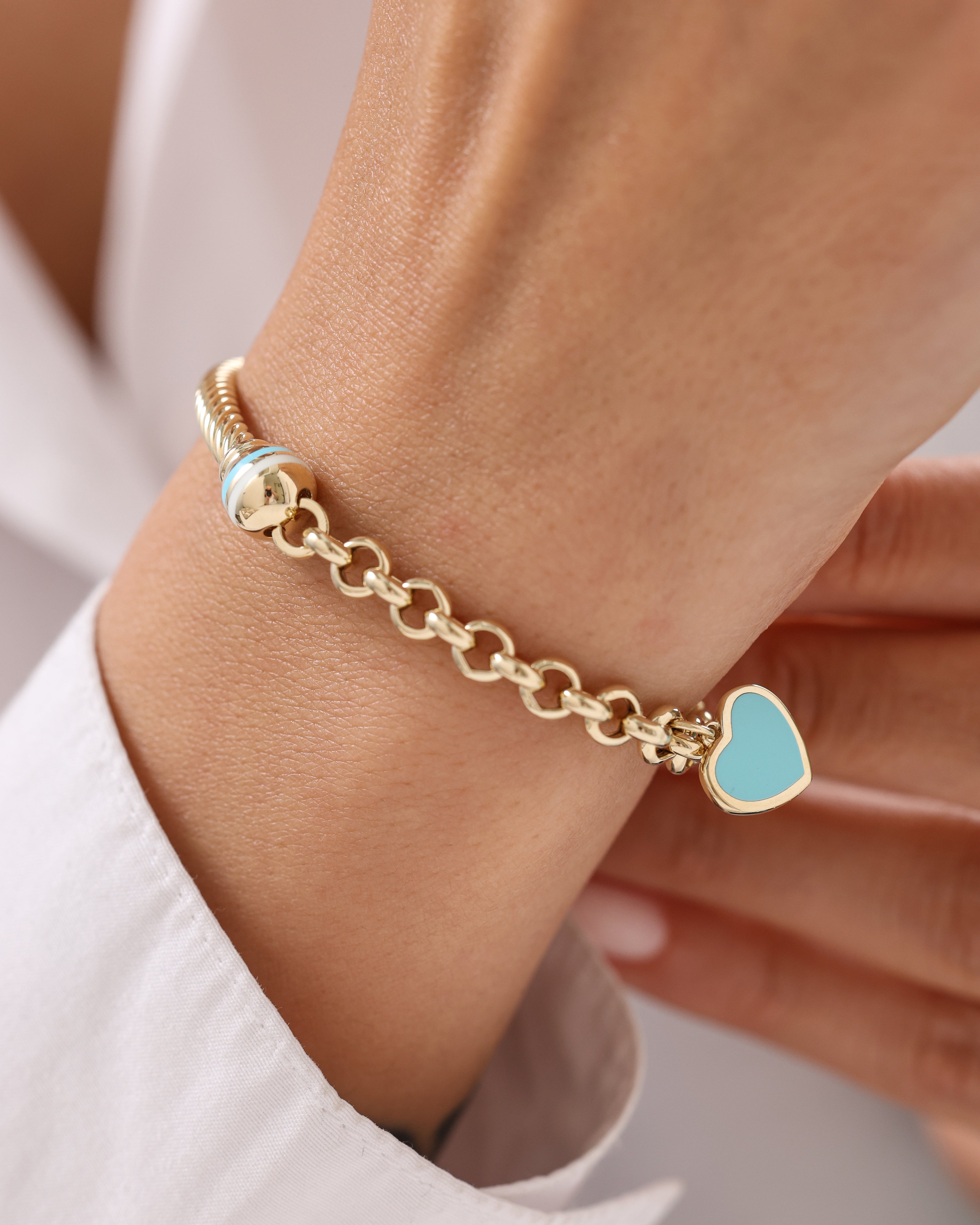 Cetaş Eterna Turkuaz Mineli Kalpli Zincir 14 Ayar Altın Bileklik