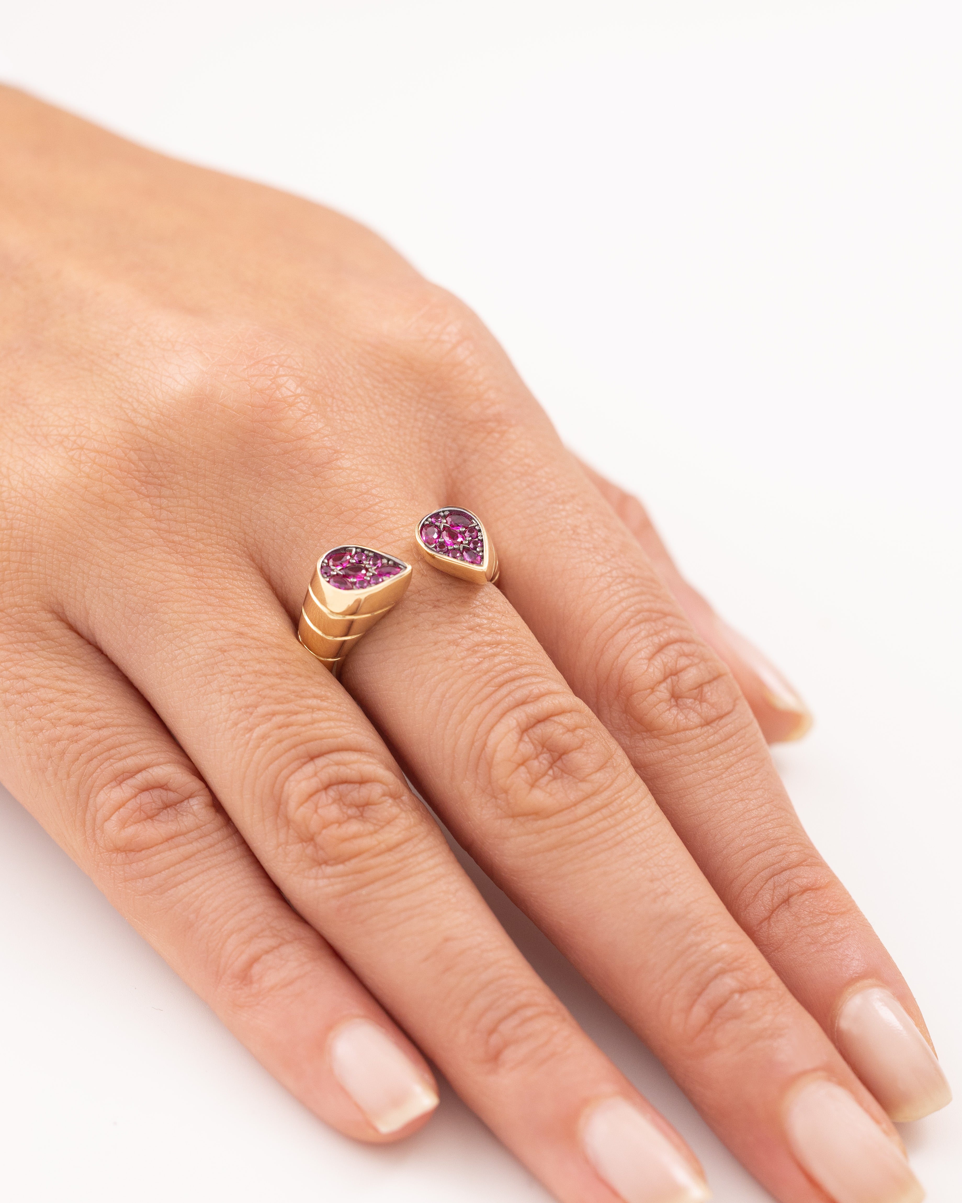 Cetaş Çift Damla Pembe Taşlı Açık Model 14 Ayar Altın Yüzük