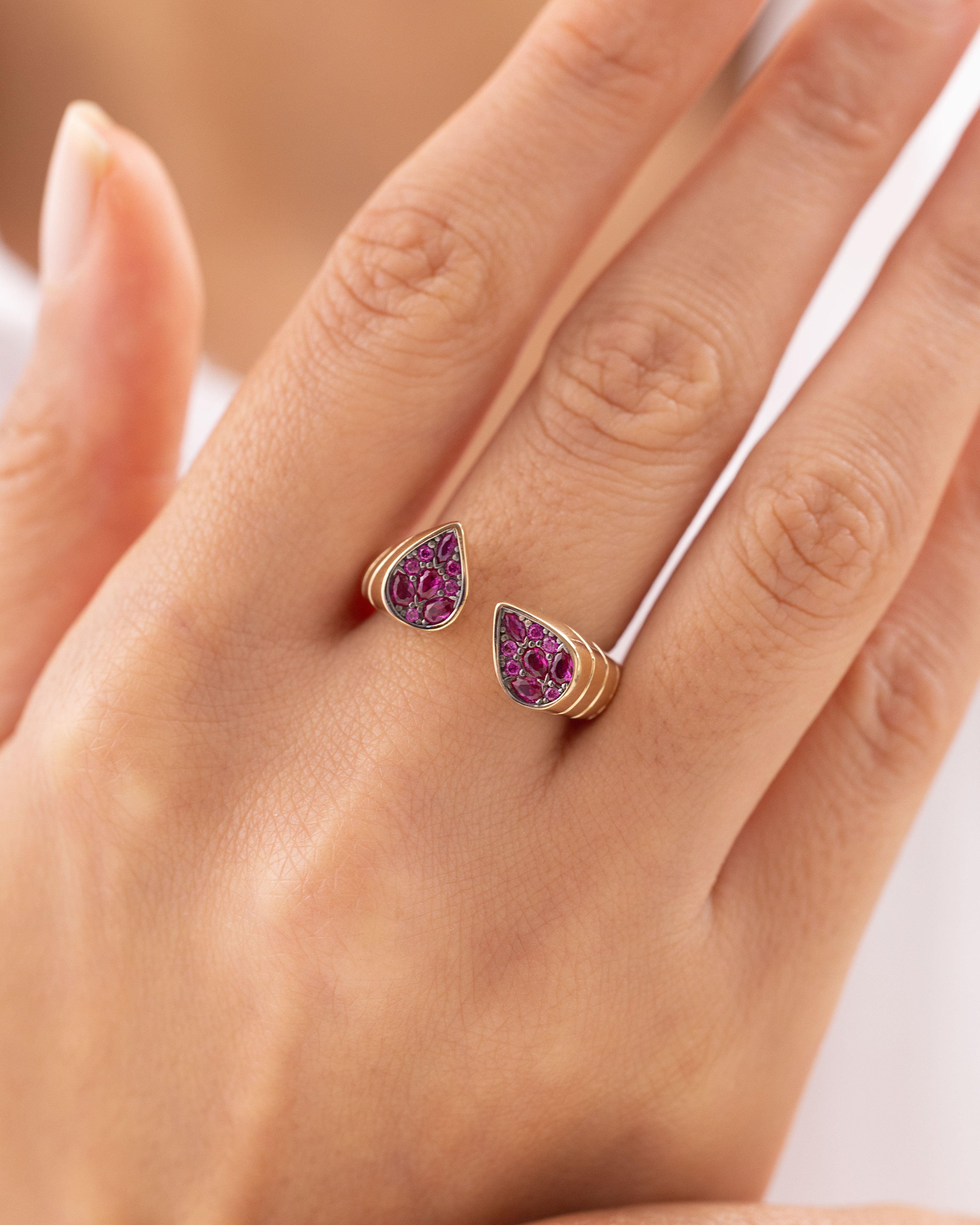 Cetaş Çift Damla Pembe Taşlı Açık Model 14 Ayar Altın Yüzük