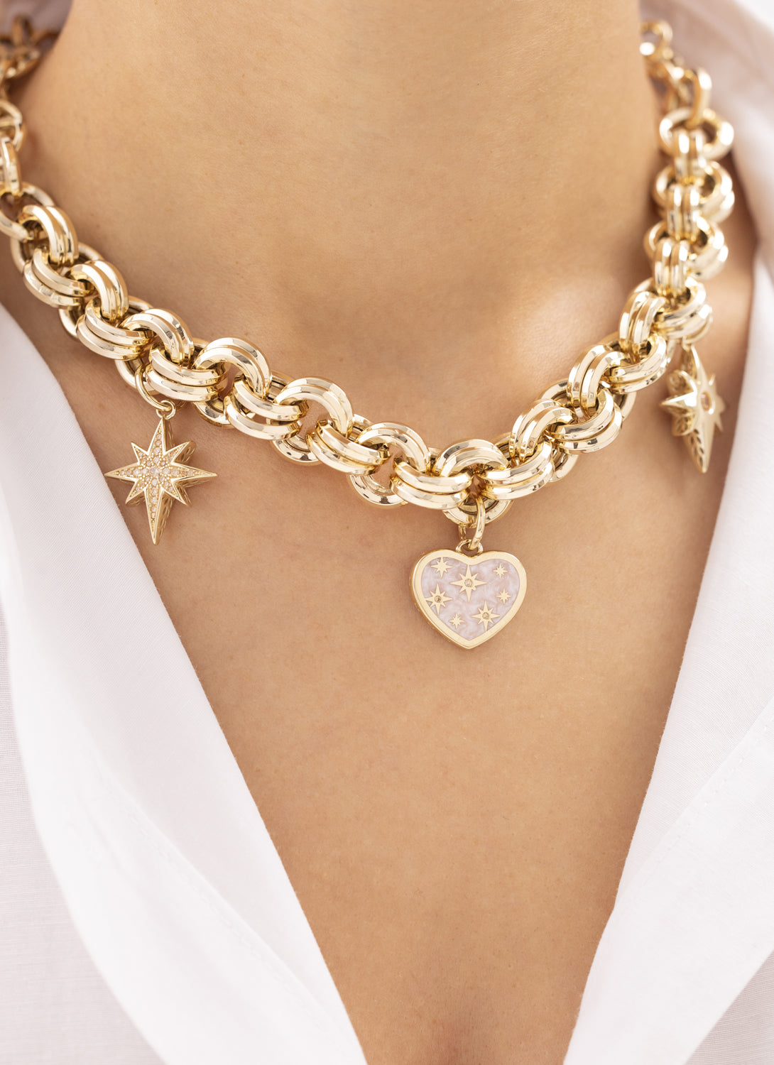 Cetaş Yıldızlı Kalpli Charmlı 14 Ayar Altın Kolye