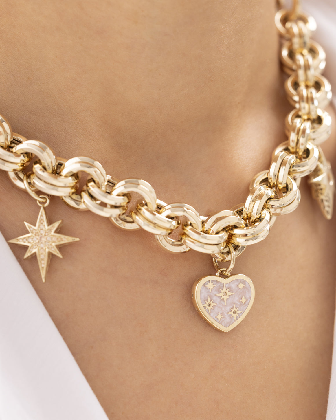 Cetaş Yıldızlı Kalpli Charmlı 14 Ayar Altın Kolye