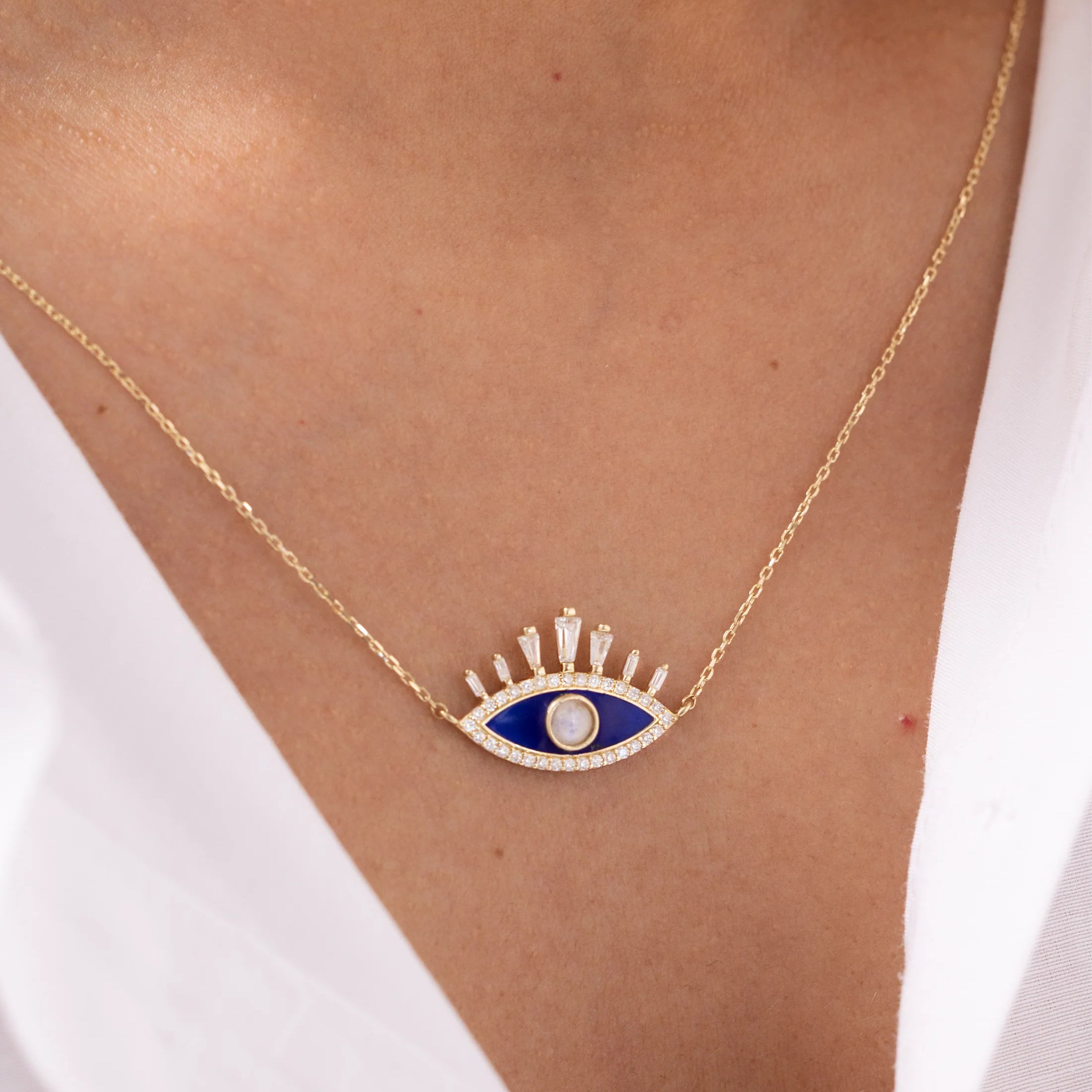 Mystic Eye İnci Taşlı Lacivert Nazar 14 Ayar Altın Kolye