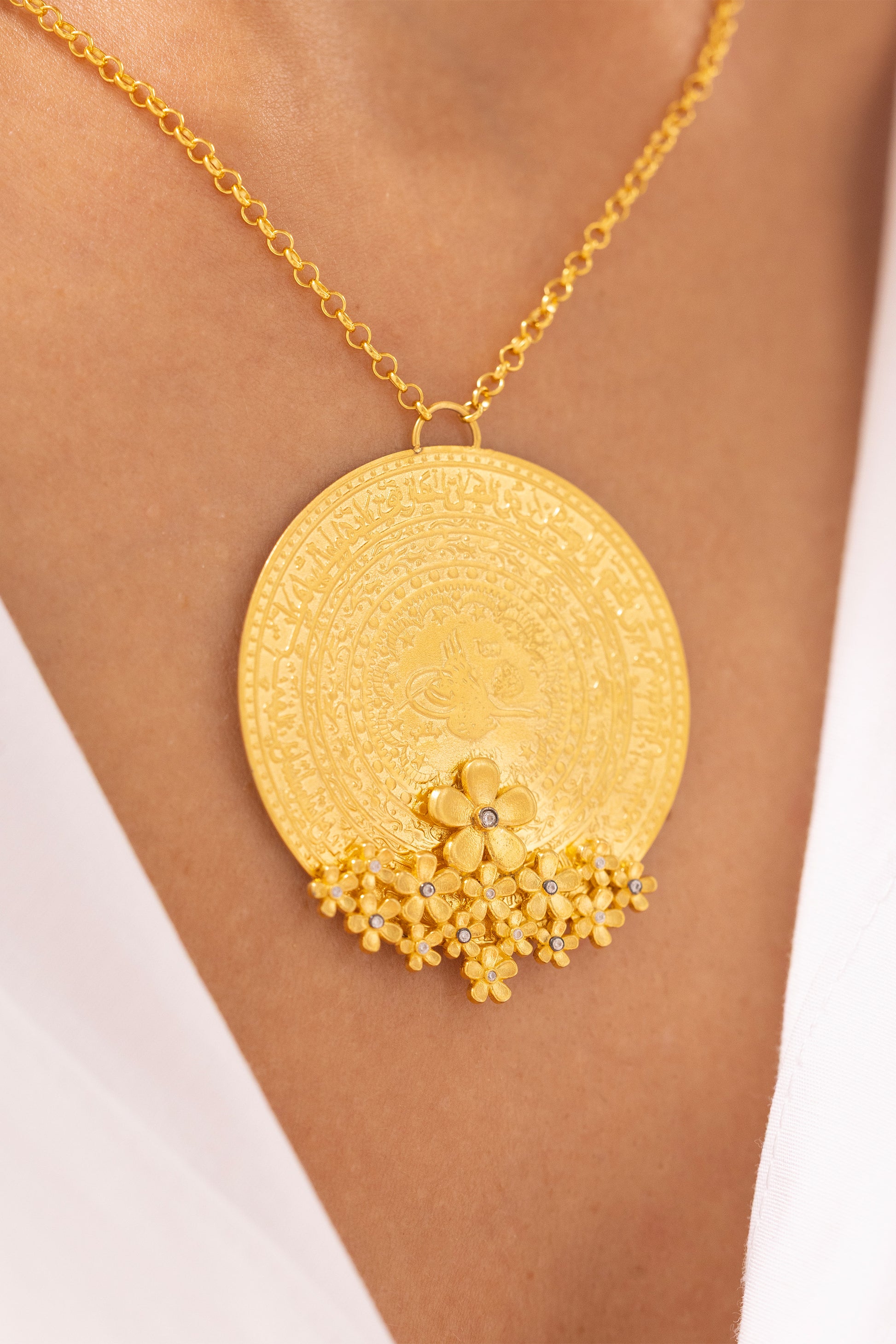Osmanlı Tuğralı Çiçekli 14 Ayar Altın Kolye